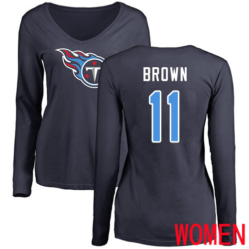 Tennessee Titans Navy Blue Women A.J. Brown Name and Number Logo NFL Football #11 Long Sleeve T Shirt